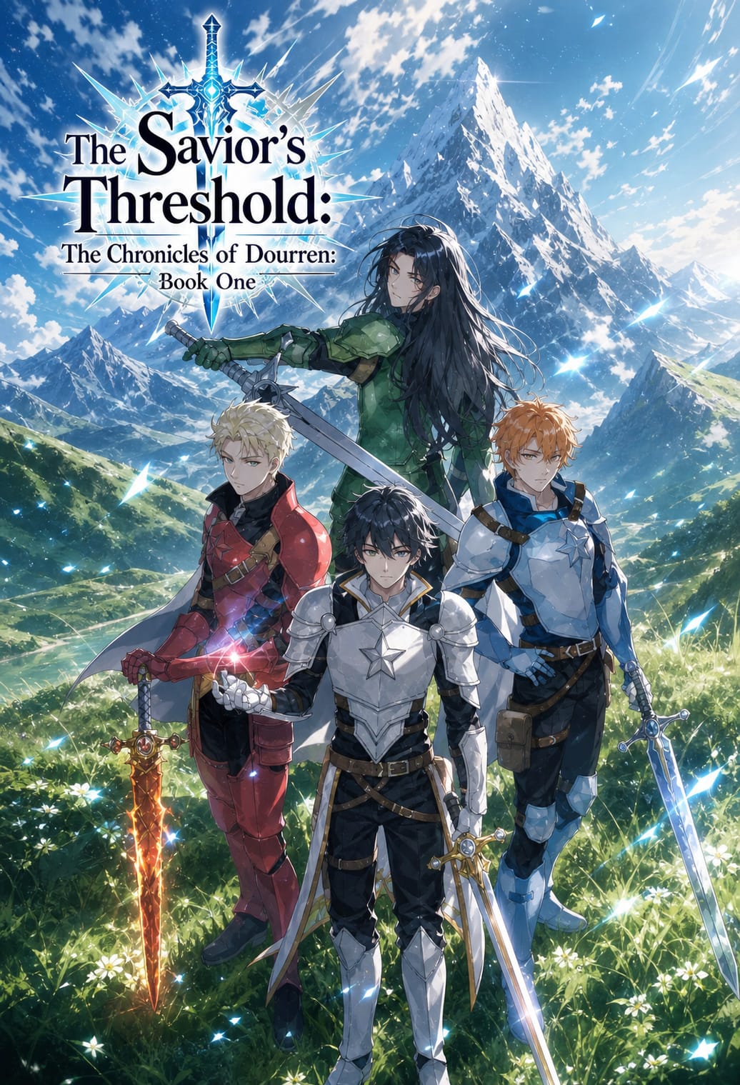 Scott, Joseph, Mark, and Alexander with their swords in the mountain grasslands of Dourren